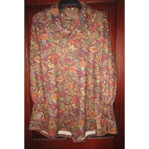 Boho Chic L Knit Tunic Top Shirt Blouse Floral Paisley Print Flared Sleeves Soft